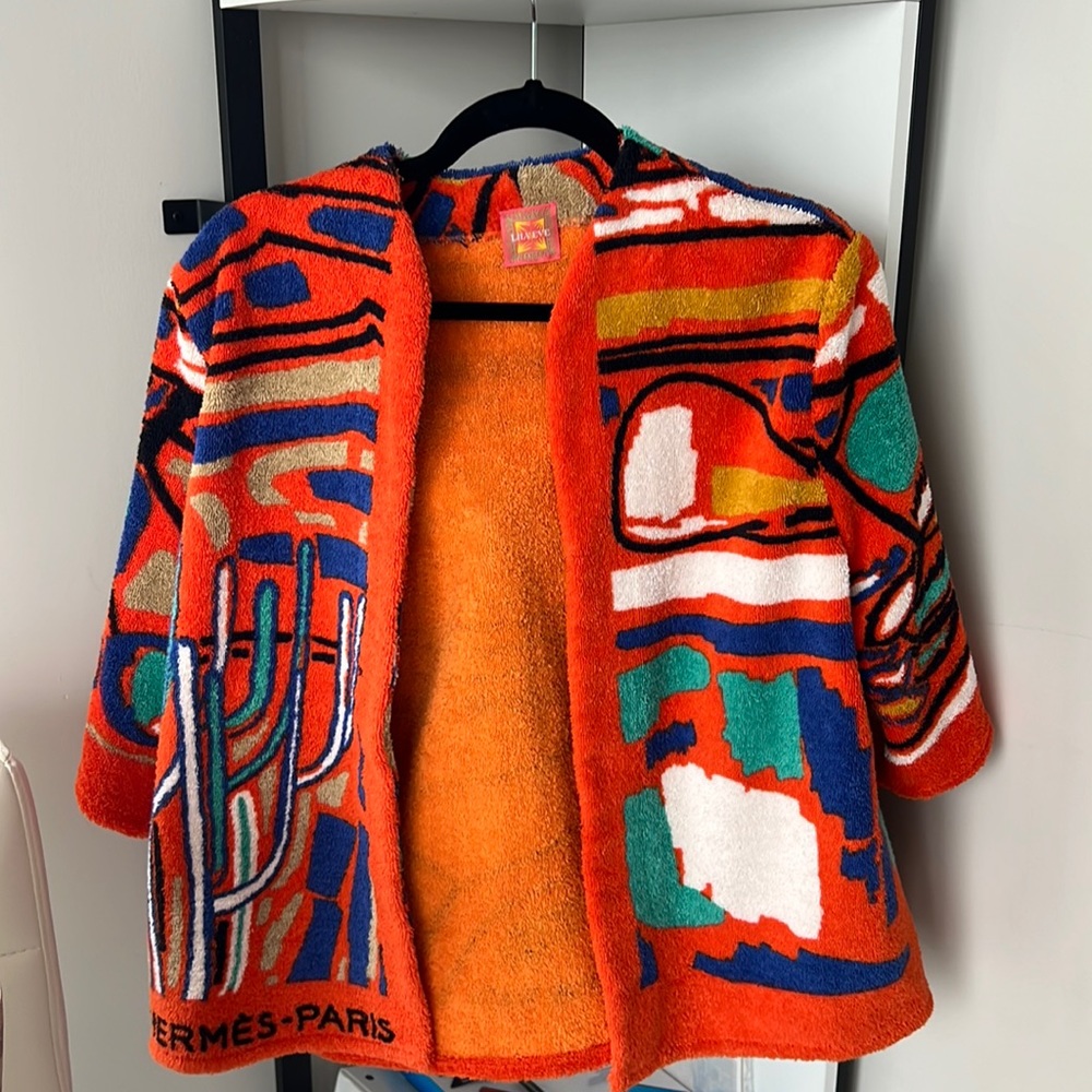 SOLD Hermes x Lily Eve SUNSET COLLARLESS OPEN FRONT UP-CYCLED TOWEL JACKET
